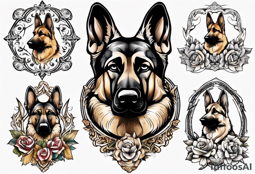 German Shepherd in fancy frame tattoo idea