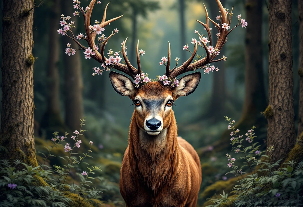 A majestic deer standing in a serene forest, its antlers gracefully stretching outward, adorned with delicate branches and small, blooming flowers in shades of lavender and soft pink. The deer’s fur is a rich chestnut brown with subtle highlights of caramel and cream, giving it a lifelike texture. Its eyes are deep and soulful, shaded in warm amber tones. Around its feet, gentle green ferns and soft moss create a peaceful, natural atmosphere. tattoo idea
