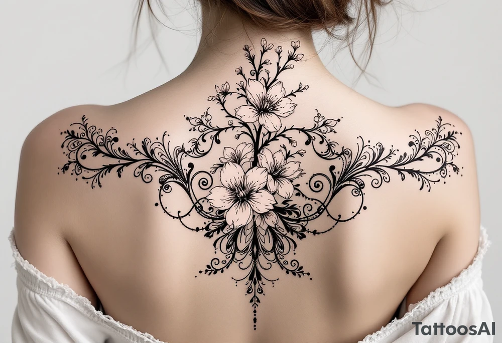 1.	Cherry Blossom Flow (Central Spine): A cascading cherry blossom flowing vertically along the spine to cover the central portion of the existing tattoo. Symmetrical patterns inspired by ornamental designs, with intricate curves and dotwork extending outward from the base of the spine. These elements should balance the floral motif and enhance the lower back area with a decorative, feminine flair.
	3.	Dotwork and Contouring: Delicate linework and dot patterns should be added around the floral design to give texture and seamlessly blend the tattoo with the surrounding skin. The ornamentation should curve naturally along the shape of the body, creating a cohesive, elegant look. tattoo idea