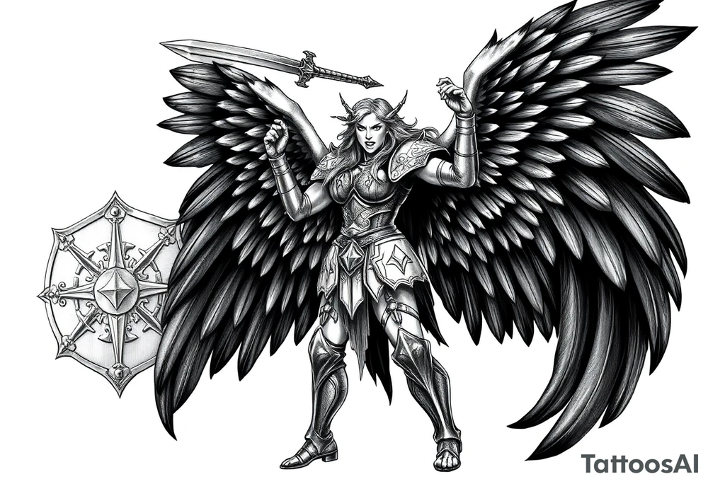 A fierce looking Valkyrie with very big dark wings. The whole body with legs should be visible.
She has armor.
She is standing in a battle ready pose with a sword held high.

She is screaming.

In the background there is a viking shield on the left side and a vegvisir symbol on the right tattoo idea