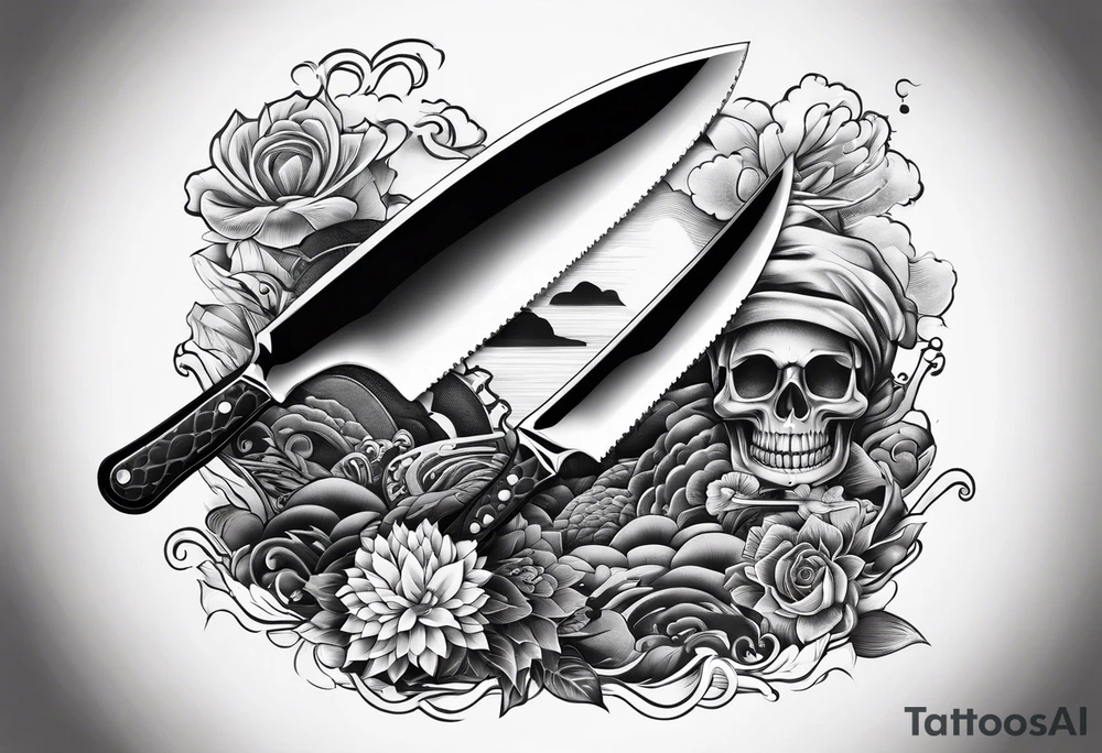 A japanese chef knife in front of Mugiwara Luffy tattoo idea