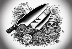 A japanese chef knife in front of Mugiwara Luffy tattoo idea