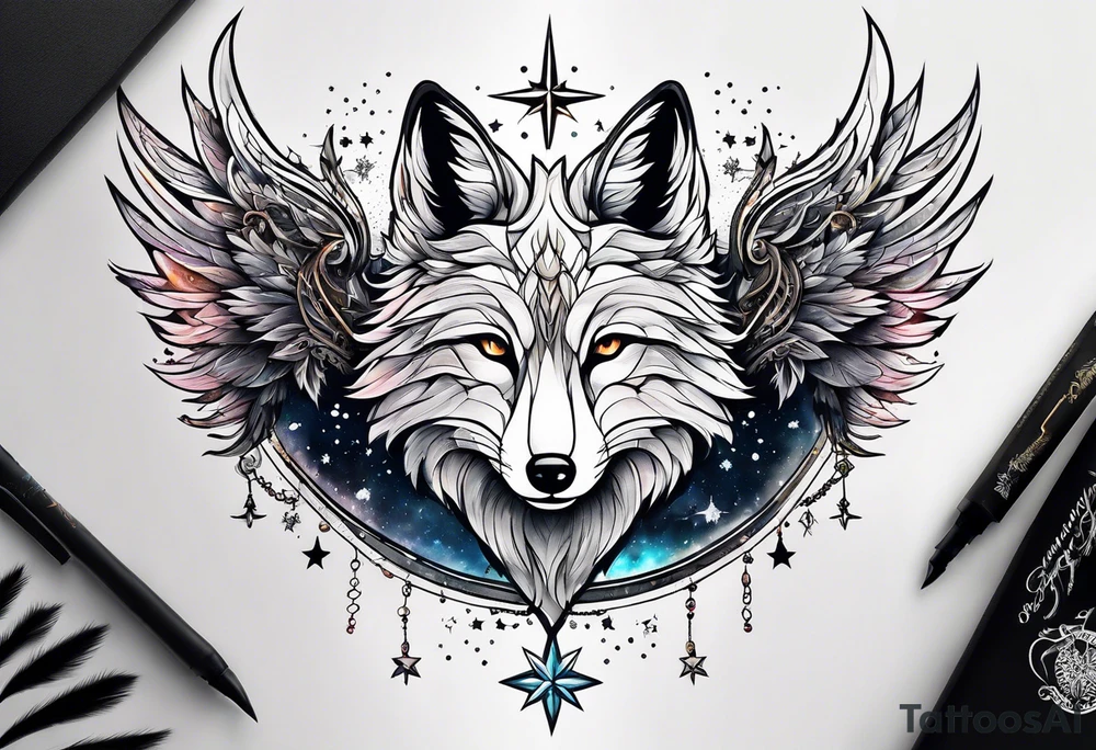 Constellation, wing , snow , cross , fox tattoo idea