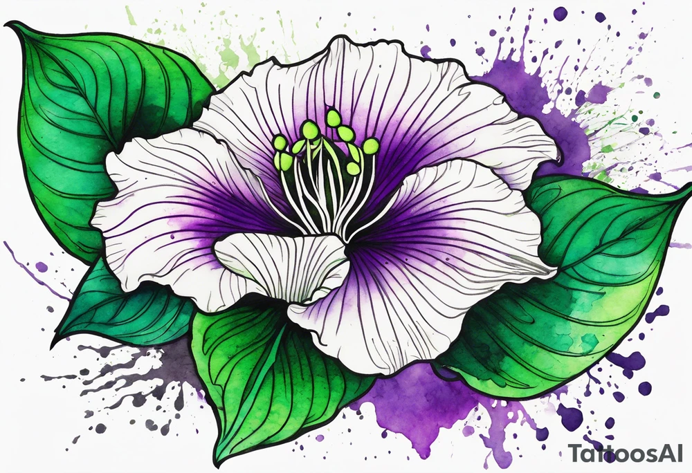 An outline of a green rio dipladenia flower and a green/purple watercolor splatter in the background tattoo idea