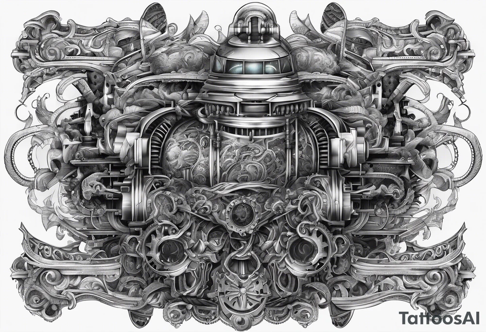 ship like design of a biomechanical brain that is burning tattoo idea