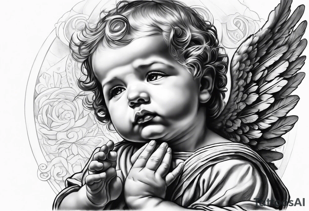 Praying baby Angel, with a Roman warrior looking up behind it tattoo idea