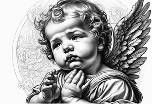 Praying baby Angel, with a Roman warrior looking up behind it tattoo idea