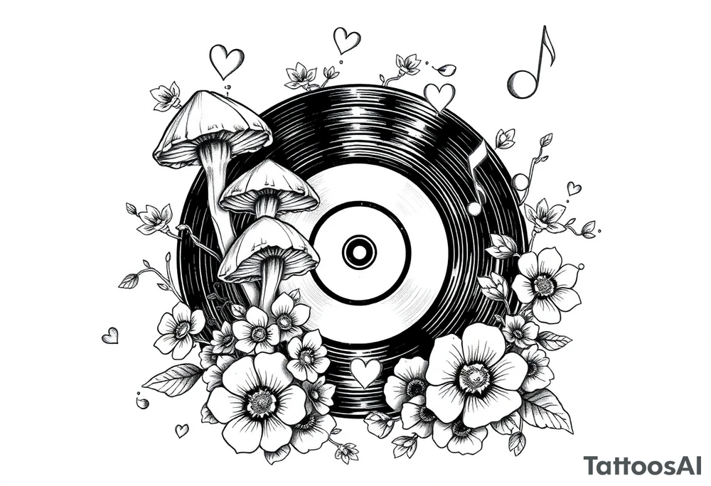 vinyl record with mushrooms, flowers, hearts, and music notes tattoo idea