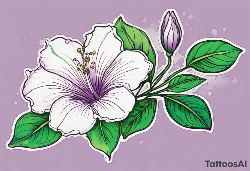 An outline of a green rio dipladenia flower and a green/purple watercolor splash in the background tattoo idea