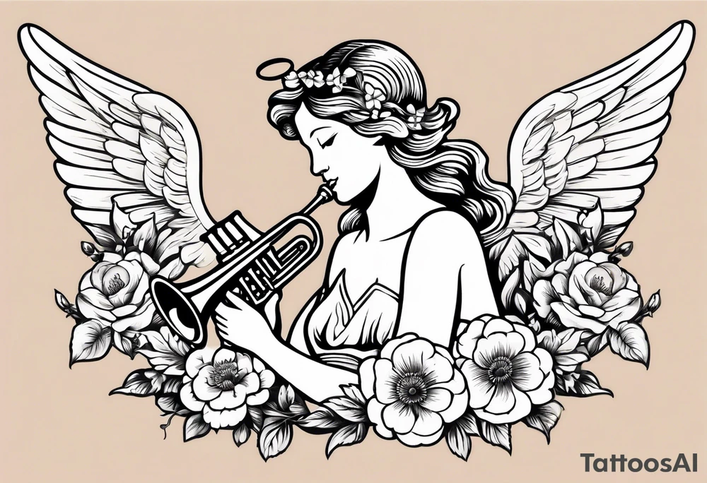 angel with trumpet
old school vintage simple traditional design with vintage flowers surrounding it tattoo idea