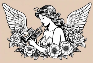 angel with trumpet
old school vintage simple traditional design with vintage flowers surrounding it tattoo idea