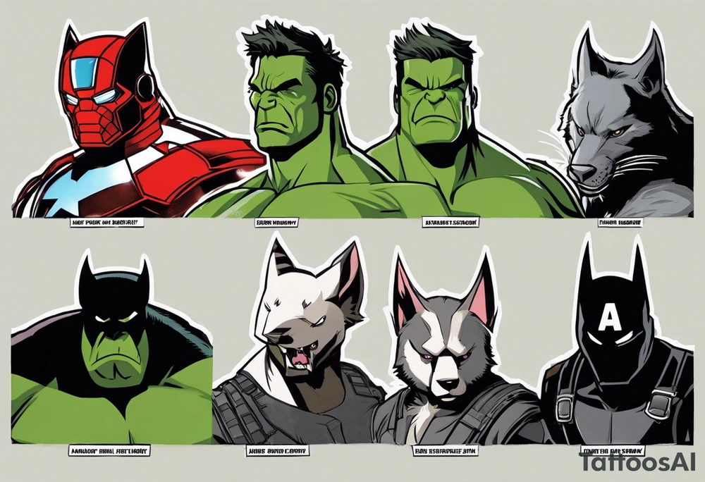 I want to change Avengers Team characters with animals. Hulk will be represented by a Badger.
Thor will be depicted as an Alpha Grey Wolf.
Captain America will be symbolized by a Bull.
Iron Man's character will be embodied by a Canary.
Black Widow's role will be portrayed by an Axolotl.
Hawkeye will be depicted as a Sudan Plated Lizard.
Nick Fury will be represented by a Cat. tattoo idea