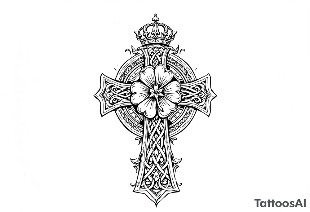 detailed irish celtic cross with a four leaf clover being surrounded by other celtic elements and a crown above the cross tattoo idea