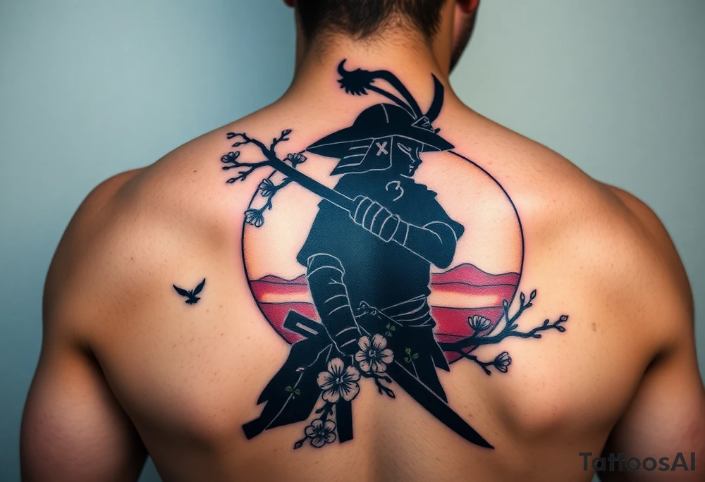 noble samurai warrior silhouette at sunset with cherry blossoms tattoo idea