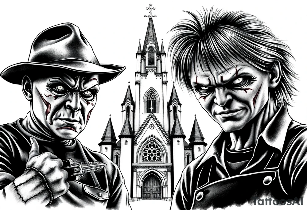 Jason Freddy and chucky looking sinister. An old gothic church is in the back ground. tattoo idea