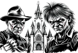 Jason Freddy and chucky looking sinister. An old gothic church is in the back ground. tattoo idea