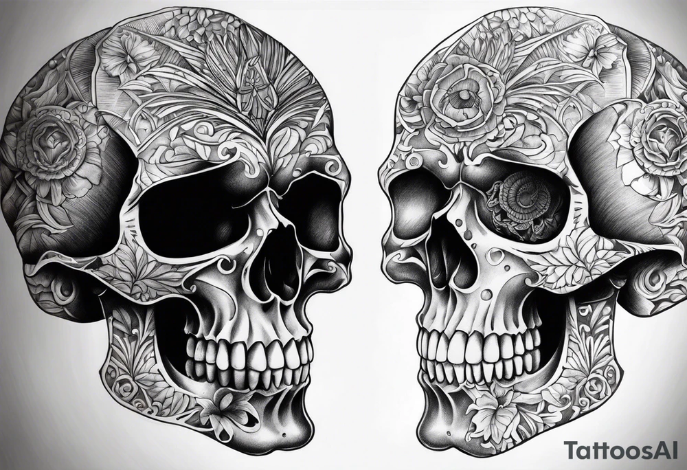 Skull split in two half’s tattoo idea