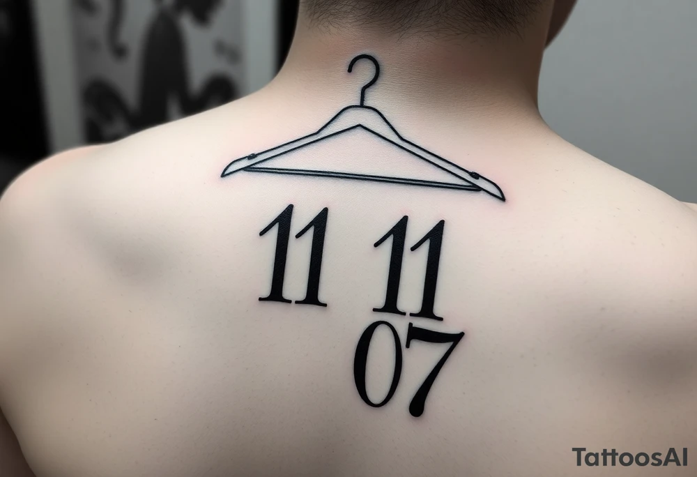 I want a tattoo about 7 cm in size that includes a drawing of a clothes hanger and the numbers 11 07, all in a realistic, beautiful style with stylish lettering tattoo idea