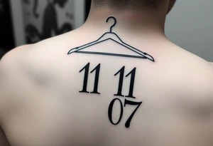 I want a tattoo about 7 cm in size that includes a drawing of a clothes hanger and the numbers 11 07, all in a realistic, beautiful style with stylish lettering tattoo idea
