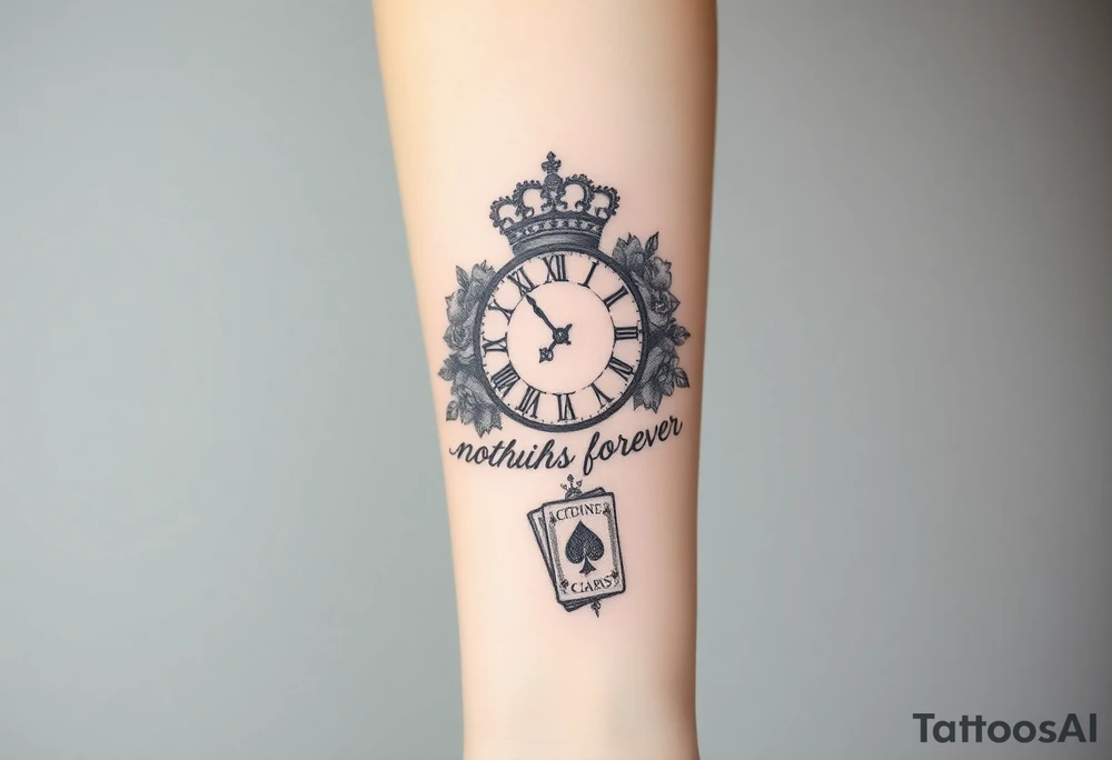 Roman clock with roses and a crown, a quote that says nothings forever. and on the bottom a deck of cards tattoo idea