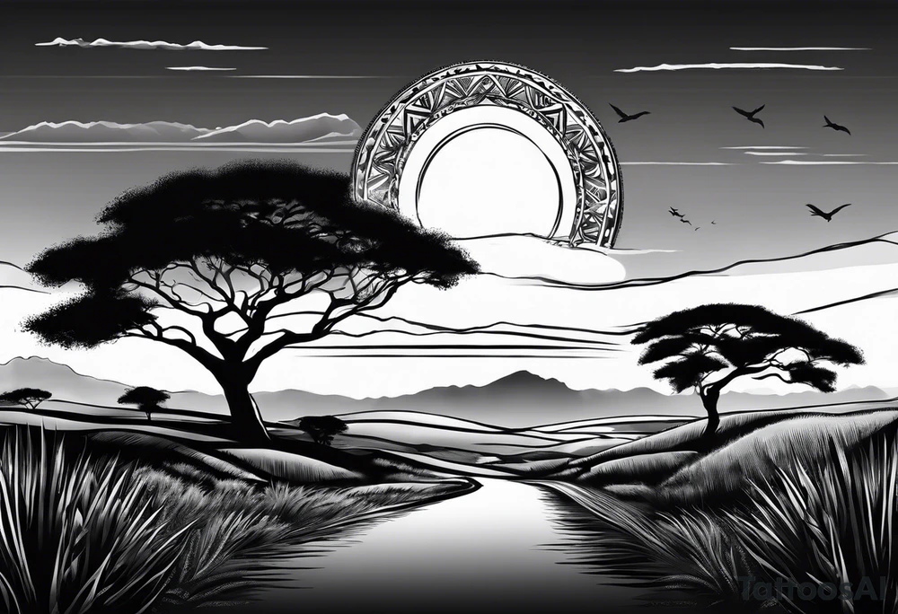African sunset with flag of cameroun tattoo idea