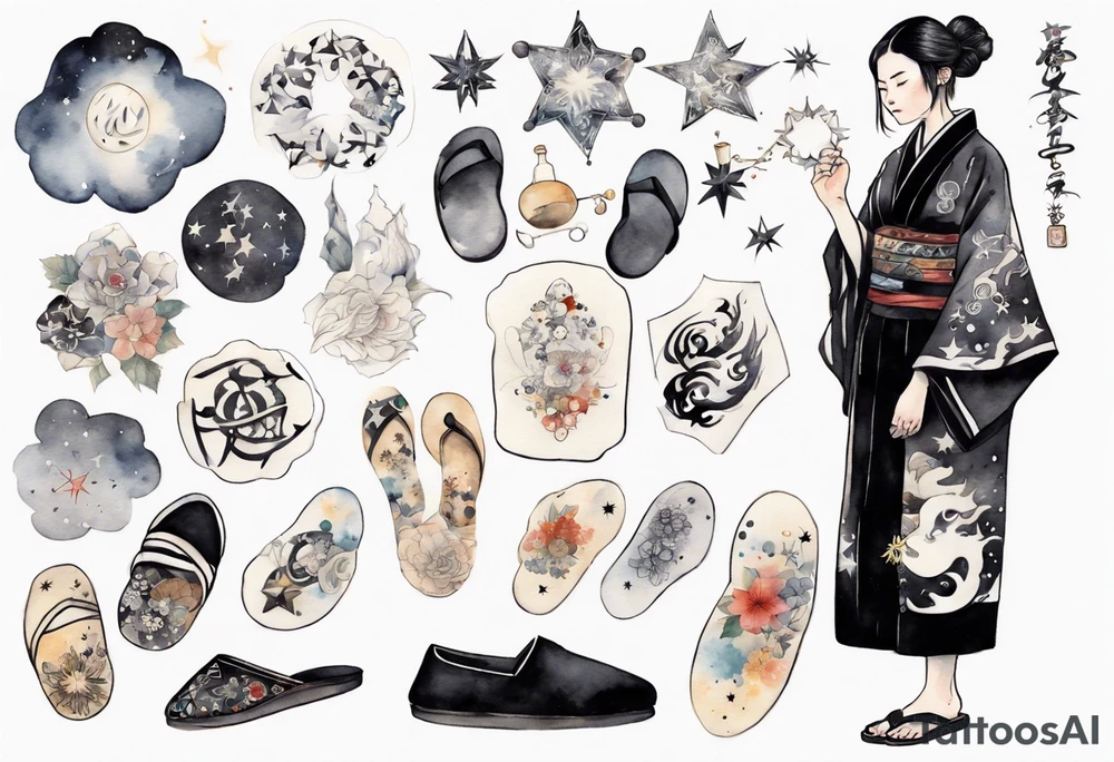 a middle-aged Japanese woman dressed in a black and white Nordic robe, wearing black slippers, surrounded by stars tattoo idea
