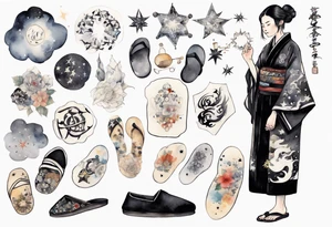 a middle-aged Japanese woman dressed in a black and white Nordic robe, wearing black slippers, surrounded by stars tattoo idea