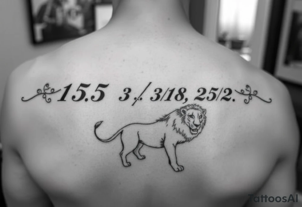 Safarii in cursive with time “15:05” and date “3/18/25” with lion tattoo idea