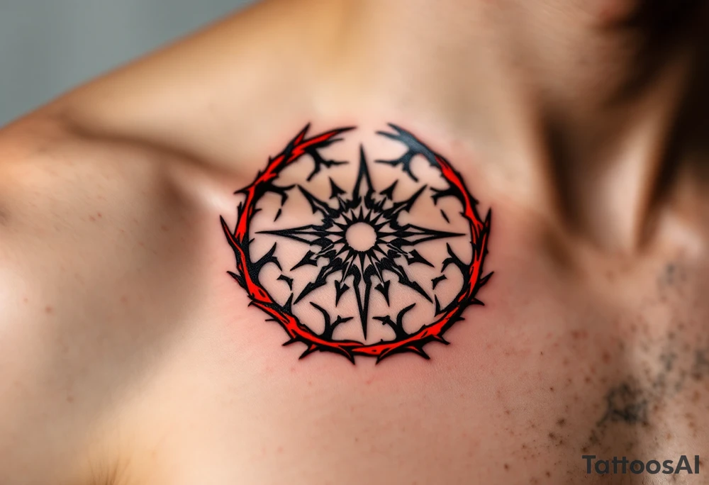 A black protective sigil on parchment-toned skin, encased in a circle of red thorns. tattoo idea