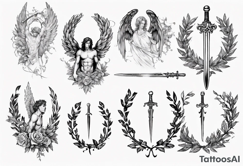 number 13, a laurel leaf wreath, and a Male angel holding sword tattoo idea