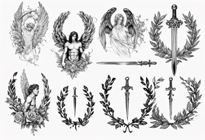 number 13, a laurel leaf wreath, and a Male angel holding sword tattoo idea