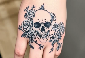 gothic skull intertwined with climbing roses and thorny vines tattoo idea