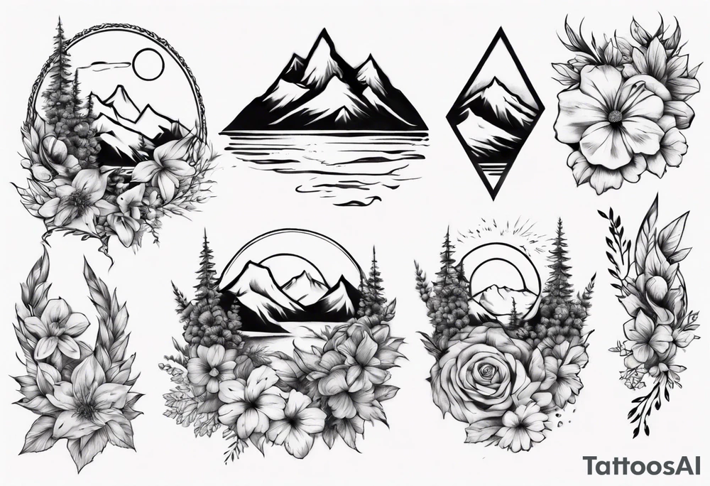moutains and floral sleave tattoo idea