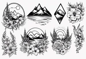 moutains and floral sleave tattoo idea