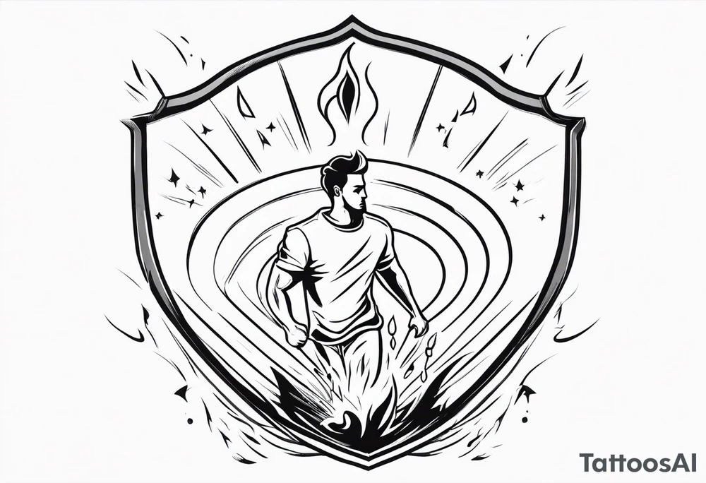 man protected under shield from flaming darts falling from sky tattoo idea