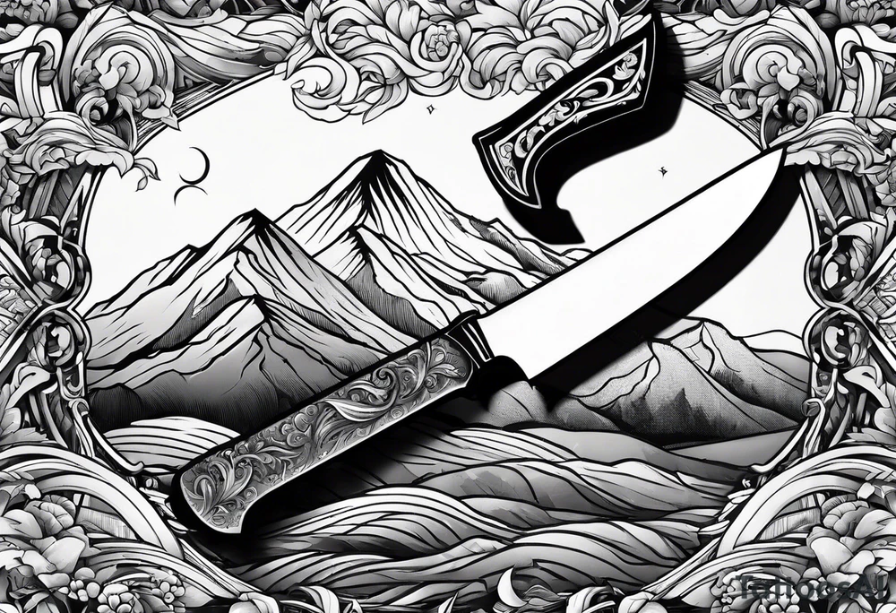 Chef knive with mountain range on the blade of the knife tattoo idea