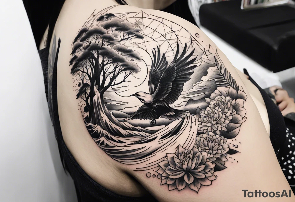 shoulder tattoo with nature and adrenaline activities tattoo idea