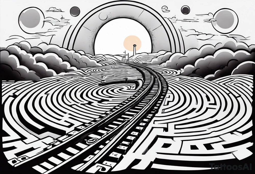 Maze with a train track in the middle. Sky cracking with moon of time tattoo idea