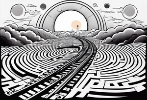 Maze with a train track in the middle. Sky cracking with moon of time tattoo idea