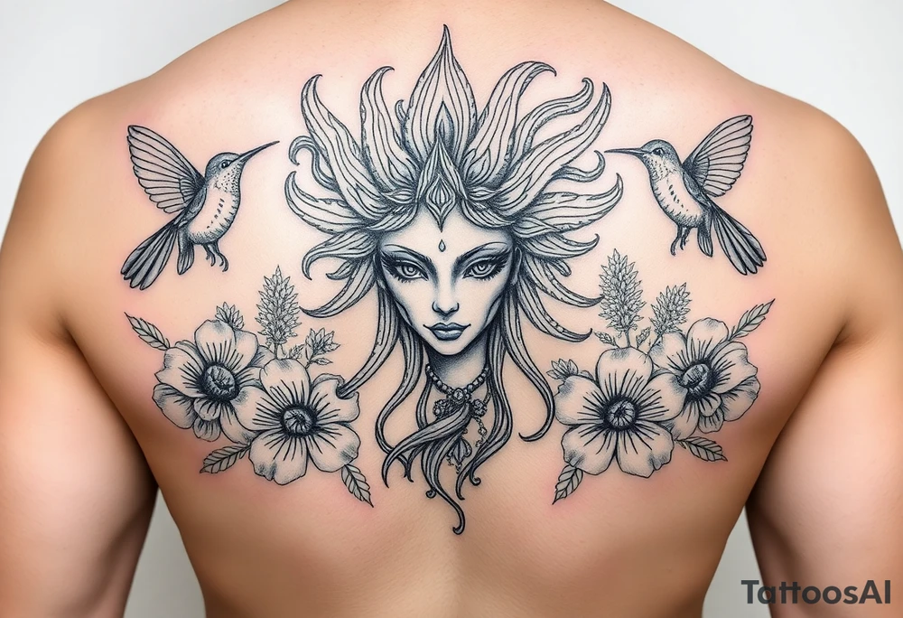 feminine medusa head surrounded by hummingbirds and flowers tattoo idea