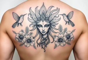 feminine medusa head surrounded by hummingbirds and flowers tattoo idea