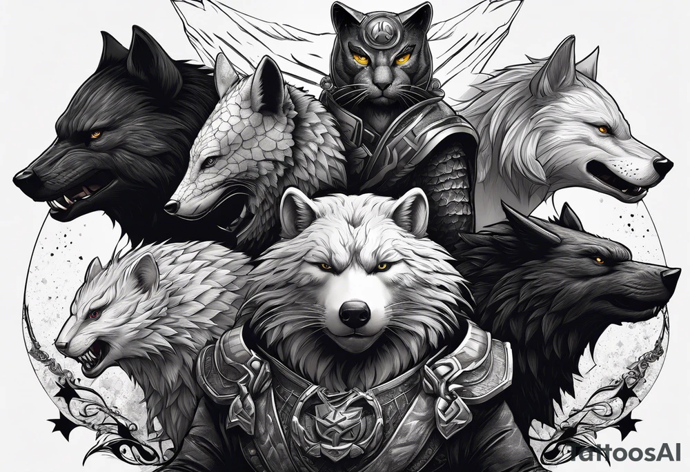a super hero team which is combination of animals.
One is Badger/Wolverine, One is Bull, One is Wolf, One is Axolotl, One is Canary, One is Lizard, One is Cat tattoo idea