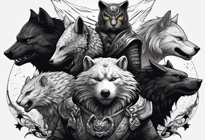 a super hero team which is combination of animals.
One is Badger/Wolverine, One is Bull, One is Wolf, One is Axolotl, One is Canary, One is Lizard, One is Cat tattoo idea