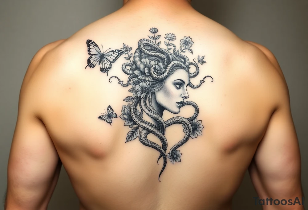 Side portrait of Medusa with snakes, flowers and butterflies tattoo idea