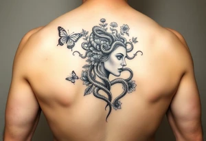 Side portrait of Medusa with snakes, flowers and butterflies tattoo idea