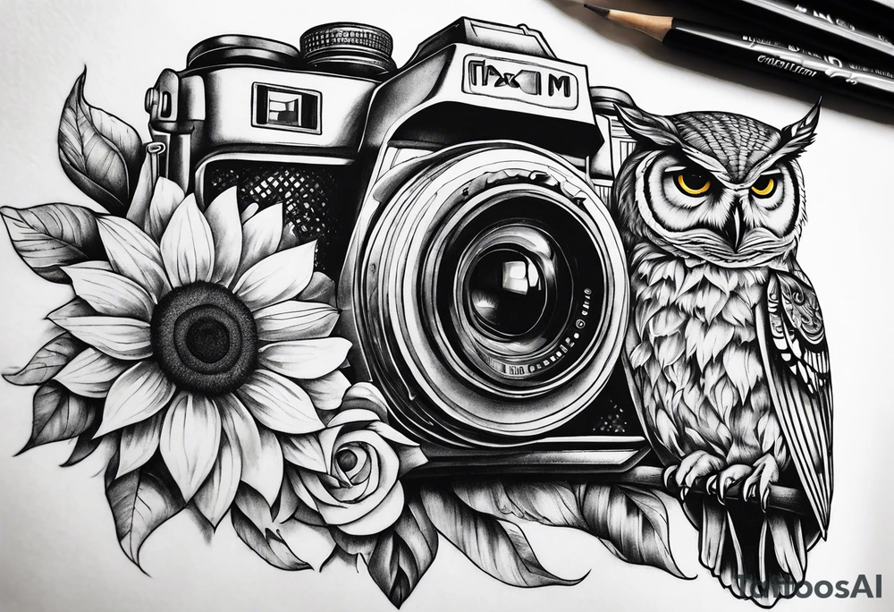 Sunflower, camera, book, owl tattoo idea