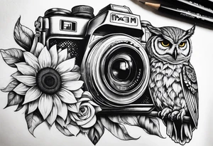 Sunflower, camera, book, owl tattoo idea