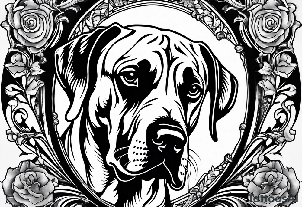 Arm sleeve for man- with floppy ear Great Dane standing fiercely chest up with outdoors fill work around tattoo idea