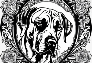 Arm sleeve for man-  with floppy ear Great Dane standing fiercely chest up with outdoors fill work around tattoo idea