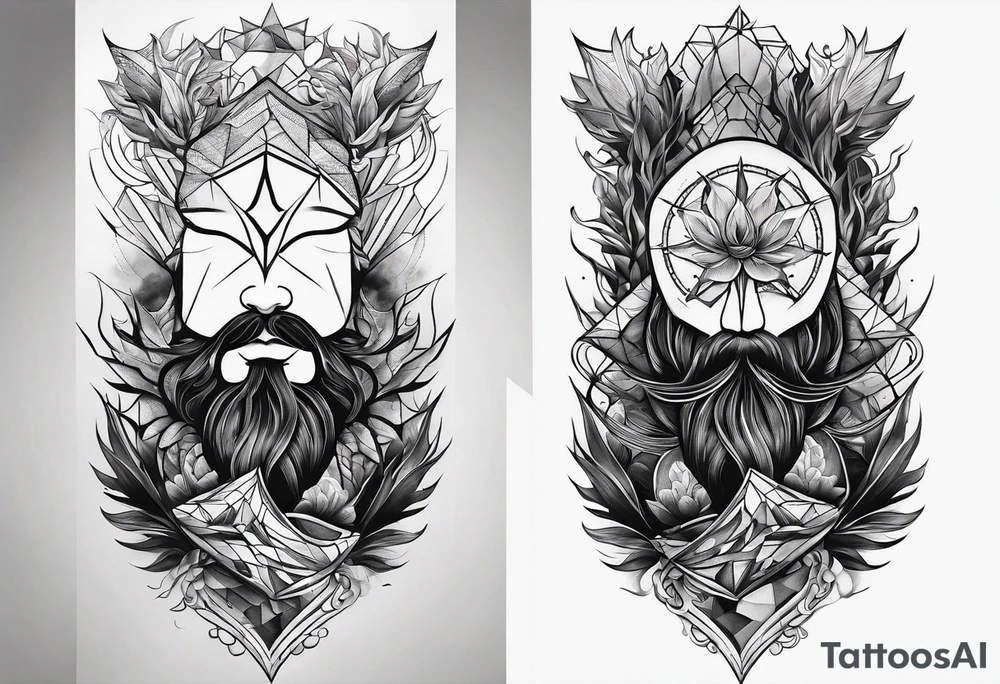 From left shoulder to forearm sleeve tattoo. Fine line geometric, concept design tattoo, ocean thunder fire nature tattoo idea